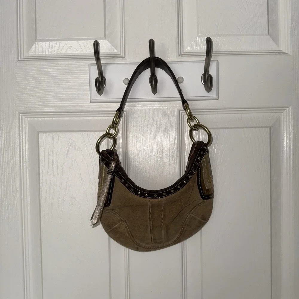 Vintage Coach Brown Tan Suede Small Hobo Shoulder Bag Purse Metallic Accents